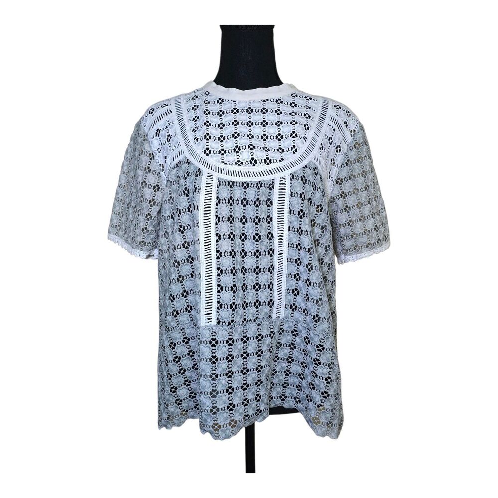 POL Women's Crocheted Agave & White Short Sleeve Top Size Small Relaxed Fit